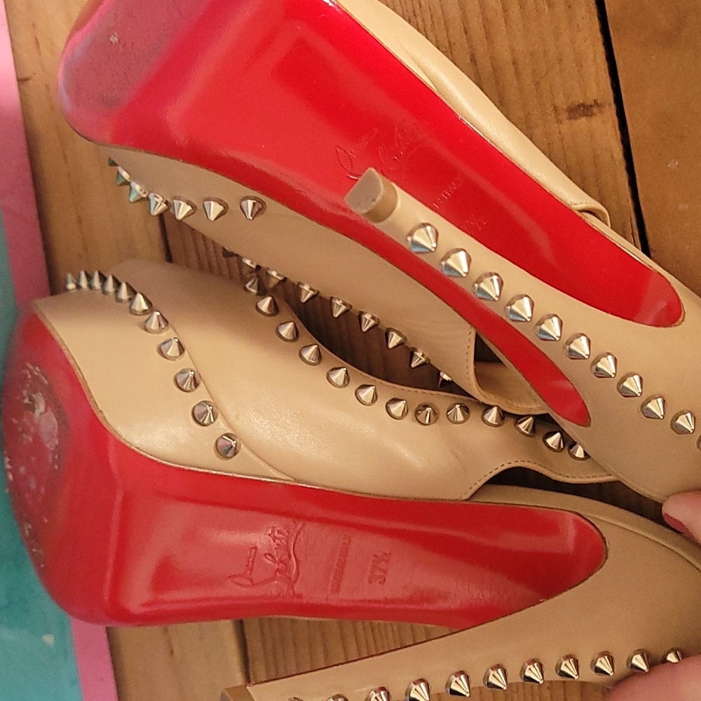 Christian Louboutin Spike Accents Leather Slingback Pumps Size 37.5